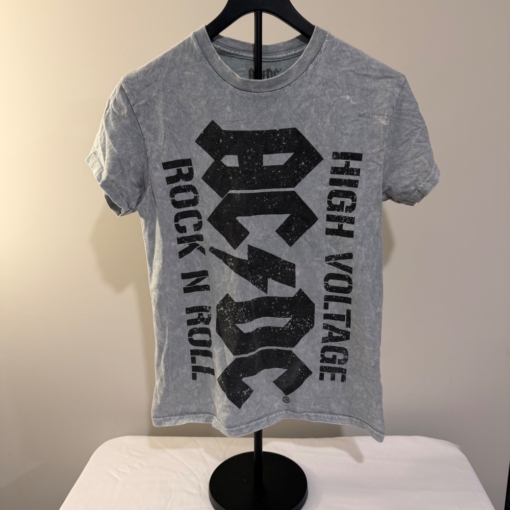 AC/DC High Voltage Rock N Roll Graphic Tee Grey Acid Wash XS